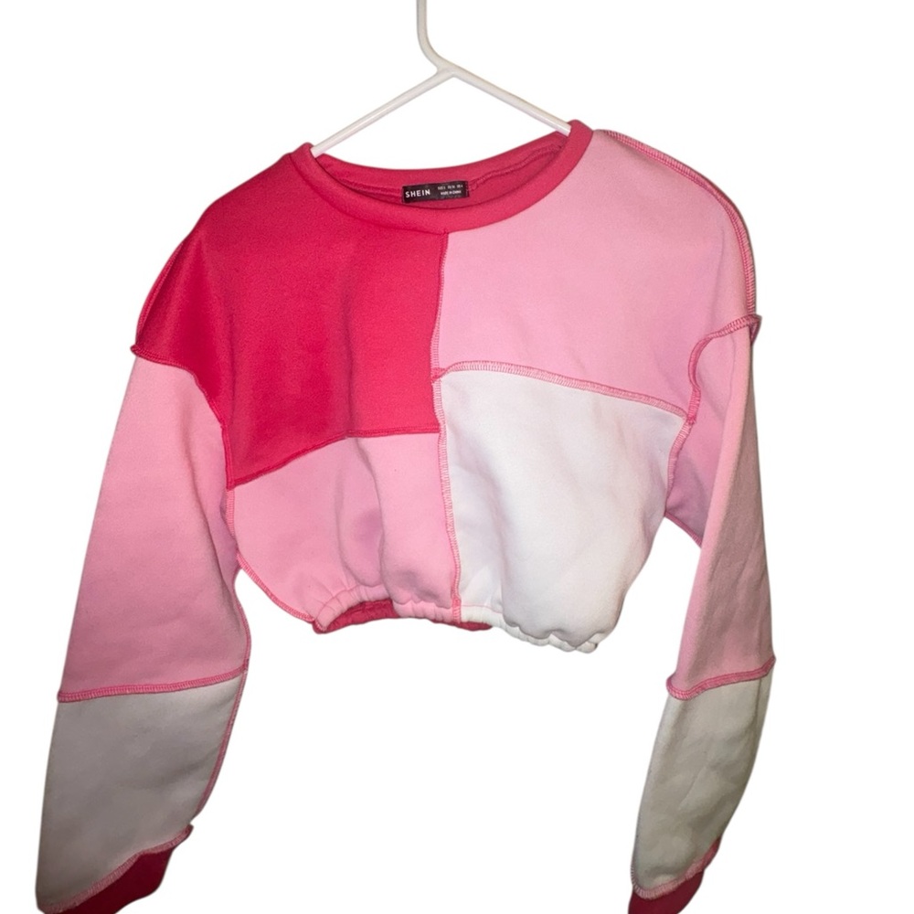 SHEIN Pink Patchwork Cropped Sweatshirt